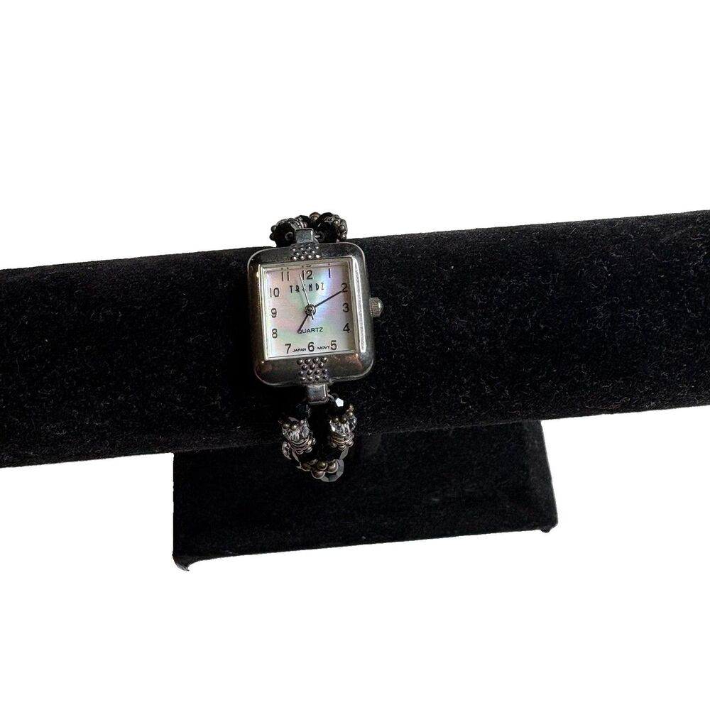Trendz Pearlescent Face Crystal Beaded Clear Black Watch Womens 8" Toggle